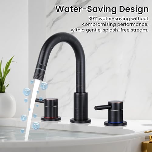 Pull-Down Bathroom Faucet 3 Hole 8 Inch with Pop-Up Drain,Oil Rubbed Bronze | 360° Swivel Spoutr & Dual Modes,8" Widespread 2-Handle, Pop-Up Drain & 10-Min Install for 3-Hole Bathroom Sink Faucets. - color: ORB