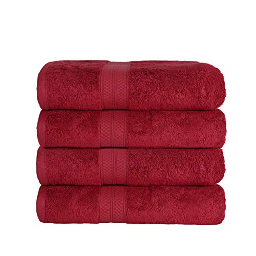 Superior Bath Towel Set, Rayon from Bamboo Cotton Blend, Ideal for Bathroom, Guest Bathroom, and Beach, Modern Style with Solid Dobby Border, Includes 4 Pieces; Bath Towels, Crimson