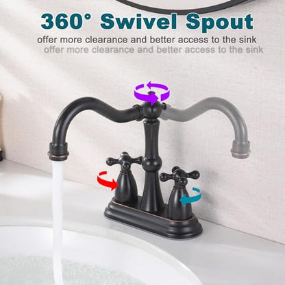 Oil Rubbed Bronze Bathroom Faucet 2 Hole, 4 Inch Centerset Antique Bathroom Faucet with Pop Up Drain and Supply Hose, Modern Bathroom Faucet Vanity Faucet, SE-0038-ORB - color: Oil Rubbed Bronze