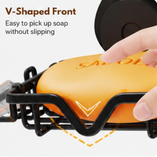 KEGII Soap Holder Dish with Suction Cup and Razor Holder & Hooks, Stainless Steel Rustproof Bar Suction Soap Tray for Shower Wall, Bathroom, Kitchen, Drill-Free, Black | Rustproof Stainless Steel Soap Tray for Shower Walls, Drill-Free Installation with Wa