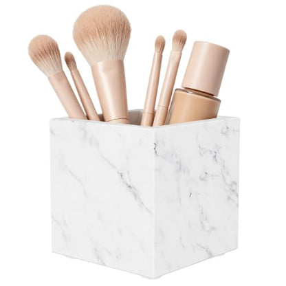 Marble Toothbrush Holder,Pencil Cup,3.9x3.9x3.9in,Carrara White | Makeup Brush Holders with Anti Slip Foot Pads, Rectangular Toothbrush Organizer,Natural Stone Utensil Container for Bathroom - color: Carrara White