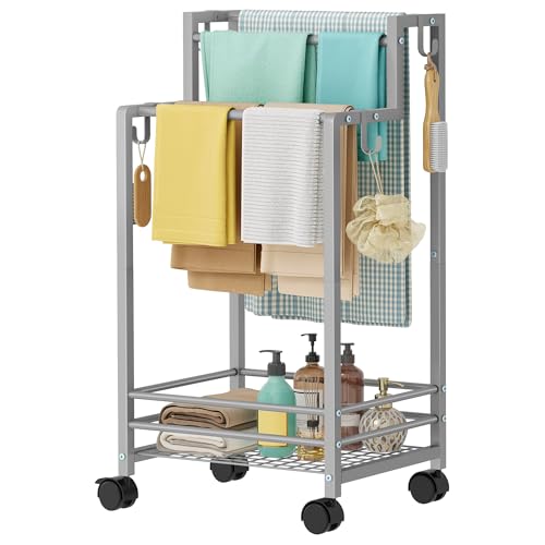 Gewudraw Free Standing Towel Rack,4-Tier Outdoor Towel Rack for Pool, Black | Pool Towel Rack, Blanket Stand with Shelf, Bathroom Towel Drying Rack with 4 Hooks, Rust-Resistant Drying Rack Indoor/Outdoor - color: Silver
