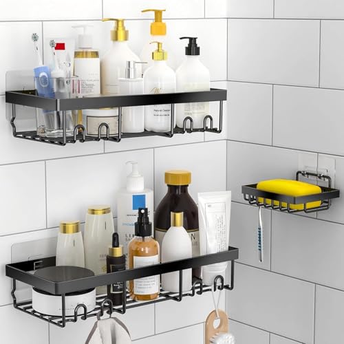 Moforoco 3-Pack Shower Caddy Basket Shelf with Soap Holder, No Drilling Traceless Adhesive Shower Wall Shelves, Rustproof Black Bathroom Shower Storage Organizer - color: Black
