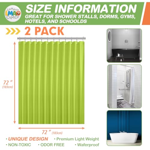 2 Pack | Light Green Plastic Shower Curtain Or Liner, 72x72 Inch Lightweight Plastic Bathroom Shower Showroom Inner Curtain with Rustproof Metal Grommet Holes and Weighted Magnets - color: Green