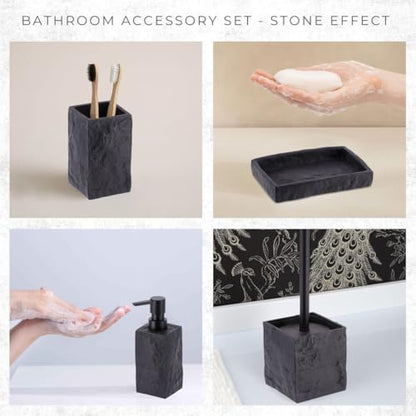 Collection Stone Effect Bath Accessory Set-4 Pieces, Resin, Black | Soap Dispenser, Tumbler, and Toilet Brush Holder, Contemporary, Durable Construction, Bathroom Accessories Set, Easy to Clean - size: Black
