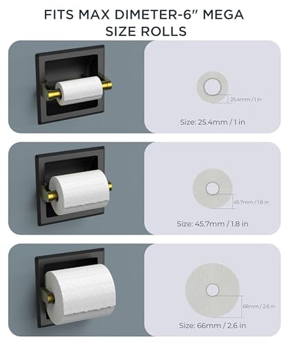 FORIOUS Recessed Toilet Paper Holder for Mega Rolls, Black and Gold | Stainless Steel Tissue Roll Holder Wall Mount for Bathroom Space-Saving Design, in Wall Toilet Paper Dispenser Insert - color: Black&gold