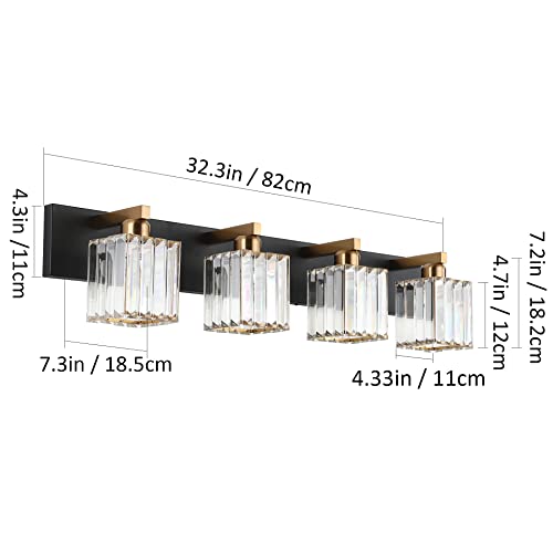 Aipsun Bathroom Vanity Light Fixtures Crystal Vanity Light for Bathroom 4 Light Modern Vanity Lighting (Exclude Bulb) - color: Black Gold, size: 32 inch