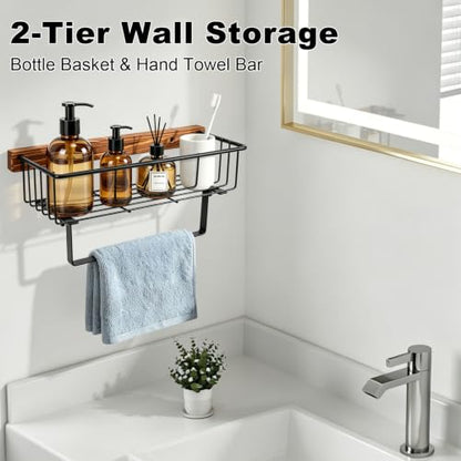 Livabber Hand Towel Holder with Wooden Storage Basket, 9 Inch Rustic Metal Towel Ring/Hand Towel Bar with Shelf, Wall Mounted Farmhouse Bathroom Organizer for Small Decor, Plant (Black)