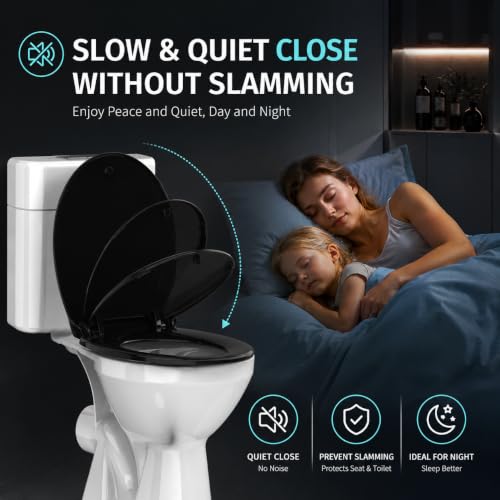 Black Round Toilet Seat 16.5 Inch, Soft Close Toilet Seat, Quiet No Slam Toilet Lid, Easy Install & Quick Release, Durable PP Plastic, Easy Clean, Fits Most Standard Round Toilets, Black - color: Black, size: without toddler seat 1 Pack
