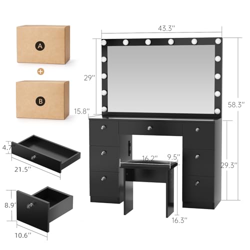 VOWNER Vanity with Lighted Mirror - Makeup Vanity Desk with Power Outlet and 7 Drawers, 3 Color Lighting Modes Adjustable Brightness, 44" Vanity Table with Soft Cushioned Stool for Women Girls, Black - color: Black