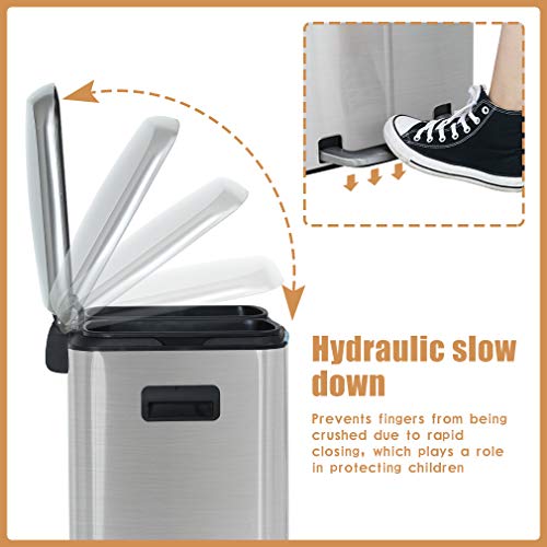 40 Liter / 10 Gallon Dual Compartment Stainless Steel Kitchen Trash Can,Hands-Free Step Trash Bin with Soft-Close Lid, Recycle and Garbage Can Combo, for Kitchen and Living Room Office - style: Single Lid(40L)