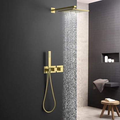 KIBI Cube Thermostatic Bathroom Shower System – 2-Function Wall Mounted Shower Set with Rough-In Valve, Modern Brushed Gold Finish, Durable Rust-Resistant Bathroom Shower Faucet Kit - color: Brushed Gold