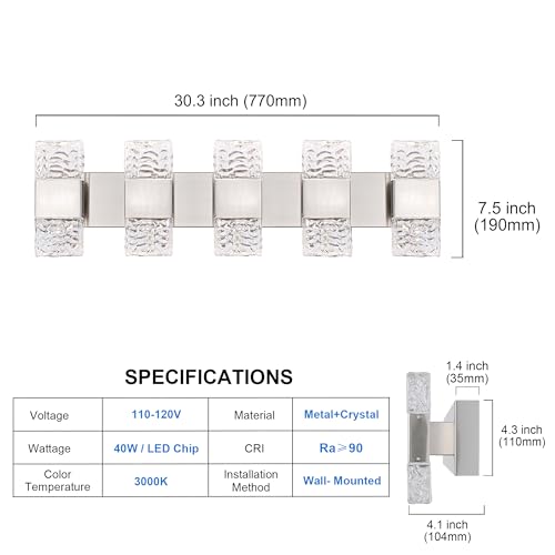 MELUCEE 30.3 in LED Bathroom Lighting Fixtures Brushed Nickel Dimmable 40W | LED Vanity Light Modern Bathroom Light Bar Crystal Wall Sconce for Bath Restroom Powder Room, 3000K Warm Lighting - color: Brushed Nickel, size: 5 Lights