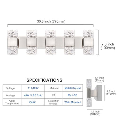 MELUCEE 30.3 in LED Bathroom Lighting Fixtures Brushed Nickel Dimmable 40W | LED Vanity Light Modern Bathroom Light Bar Crystal Wall Sconce for Bath Restroom Powder Room, 3000K Warm Lighting - color: Brushed Nickel, size: 5 Lights