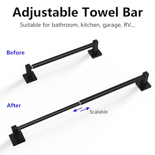 Towel Bar, Towel Racks for Bathroom Wall Mounted, Matte Black | Adjustable 12.7 to 23.2 Inch Single Towel Rod, 304 Stainless Steel Towel Holder, Rustproof, Square Base, Heavy Duty, Modern - color: Matte Black, size: Wall-Mounted