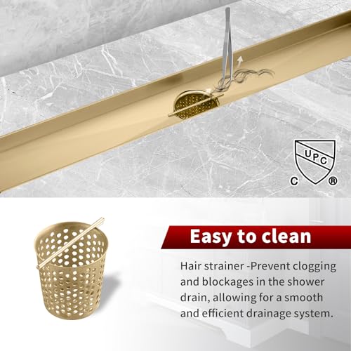 Sharp-tec Linear Shower Drain, 36 inch Shower Drain with Removable Pattern Cover, Brushed Gold 304 Stainless Steel Rectangle Floor Drain, Adjustable Feet and Hair Strainer Included (Model 101) - color: Gold, size: 36 inch