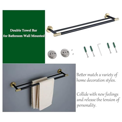 24 Inch Black and Gold Double Towel Bar, Rust-Resistant 304 Stainless Steel with Solid Brass Knurled Accents, Wall-Mounted for Bathroom & Shower - color: Black and Gold