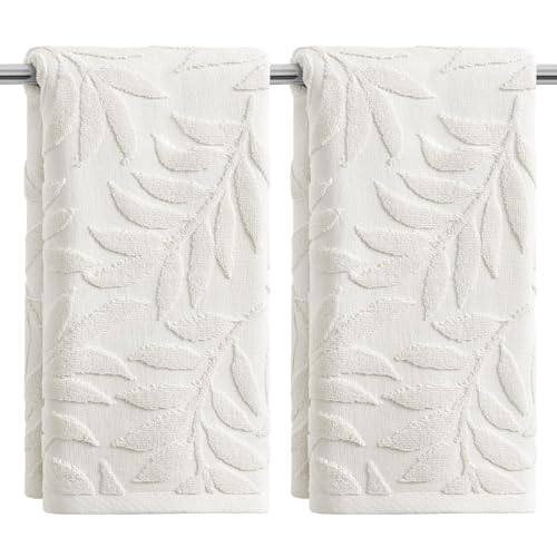 Artoid Mode 2 Pcs White 3D Leaves Jacquard Hand Towels for Bathroom, 100% Cotton Soft Absorbent Bathroom Decor Towels, 13.7 x 29.5 Inch - color: White, size: 13.7" x 29.5", 2PCS