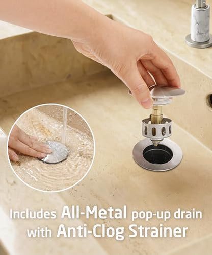 KES Natural Italian Carrara Marble Brushed Nickel Bathroom Faucet 3 Hole with All Metal Pop Up Sink Drain, 8 Inch Widespread Bathroom Sink Faucet for Vanity, 360° Swivel Spout, 18/8 Stainless Steel - color: Brushed Nickel