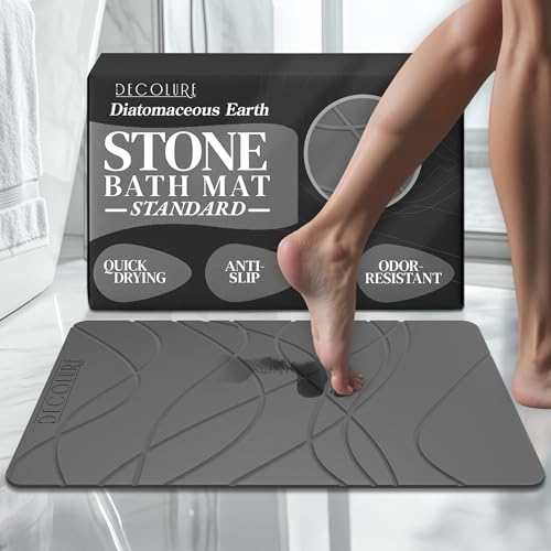 DECOLURE Stone Bath Mat, Quick Dry & Non-Slip Diatomaceous Earth Shower Mat for Bathroom, Luxurious & Easy to Clean Diatomite Stone Mat for Bathroom, Kitchen, High Density (Standard, Grey) - size: 24" x 15" (Rectangular)