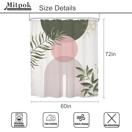 Sage Green Mid Century Pink Boho Abstrac Leaf Bathroom Shower Curtain Set | Bohemian Tropical look; 60"W x 72"L. waterproof HD print, quick-dry fabric and free hooks for easy setup. - color: A-07pink Green, size: 60"W x 72"L (Pack of 1)