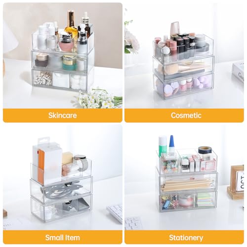 PAVSTINE Medicine Cabinet Organizer 3 Pack, Plastic Stackable Storage with 2 Drawers, Bathroom Mirror Cabinet Organizer with Removable Dividers for Wall Cabinet, Vanity, Countertop, Clear - size: 3-Tier