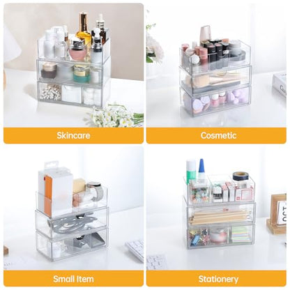 PAVSTINE Medicine Cabinet Organizer 3 Pack, Plastic Stackable Storage with 2 Drawers, Bathroom Mirror Cabinet Organizer with Removable Dividers for Wall Cabinet, Vanity, Countertop, Clear - size: 3-Tier