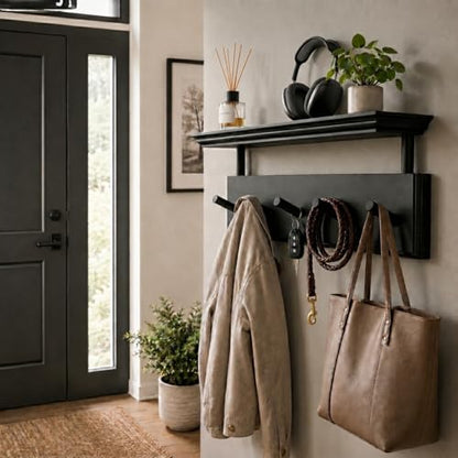 ) Matías Coat Rack Wall Mount with Shelf, 18 Inch Solid Wood Peg Rail, Wall Mounted Coat Rack with 5 Hooks, Wall Mount Shelf for Entryway, Bathroom or Bedroom (Black) - color: Black