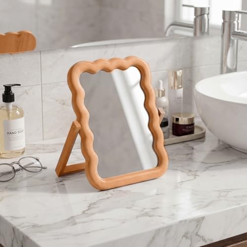 Wooden Wave Shaped Makeup Table Mirror with Stand Folding Tabletop Vanity Mirror Scalloped Aesthetic Wood Framed Standing for Boho Office Desk Home Decoration, 10.24 x 7.87 x 0.79 Inches