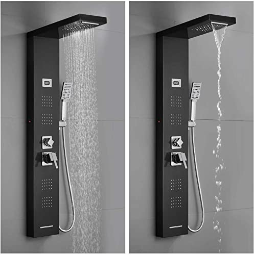 LED Light Shower Panel Tower Rainfall Waterfall Shower Head with Massager Jets Body System Jet Black B (Color : Black D) - color: Black D