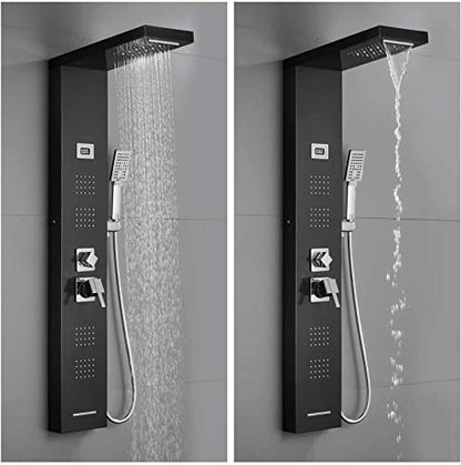 LED Light Shower Panel Tower Rainfall Waterfall Shower Head with Massager Jets Body System Jet Black B (Color : Black D) - color: Black D