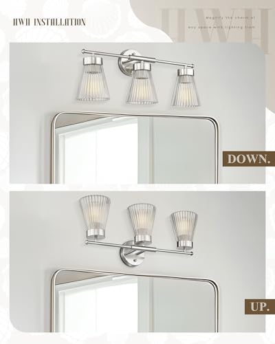 HWH INVESTMENT 3-Light Bathroom Vanity Light, Brushed Nickel, 5HZG97B-3W BN | 24.1-Inch Hardwired Wall Light with Clear Striped Glass; 3 E26 Bulbs, Max 60W Each; Bulbs Not Included - color: Brushed Nickel, size: 3-Light