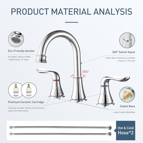 GENBONS Chrome Bathroom Faucet 3 Hole, 8 Inch Widespread Bathroom Sink Faucet 2-Handles Vanity Bath Faucets with Pop Up Drain - color: Chrome - W, style: Widespread Bathroom Faucet