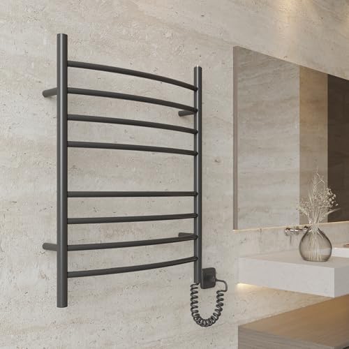 8-Bar Towel Warmer, Heated Towel Rack, Plug-in, Matte Black | 304 Stainless Steel Curved 8-Bar Wall-Mounted Towel Warmer With Plug-In Installation Only For Bathrooms - color: Matte Black