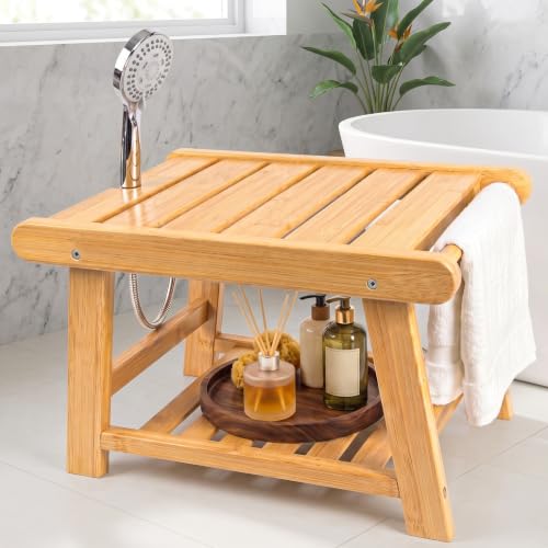 Bamboo Shower Bench Stool for Inside Shower Chair | Waterproof Shower Stool for Shaving Legs to Sit On, Spa Shower Seat Storage Shelf, Bathroom Bench Foot Rest