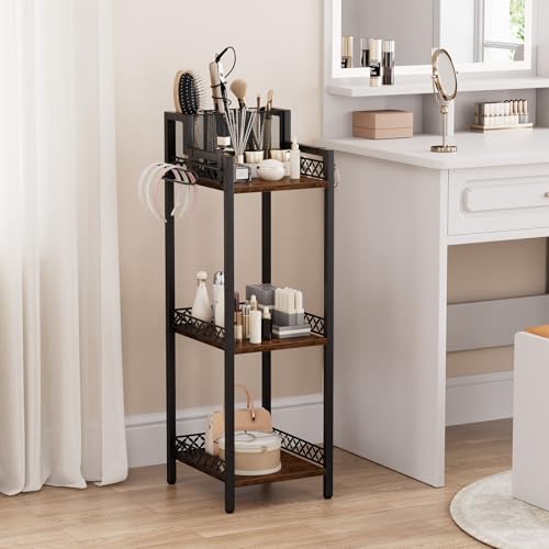 Bathroom Storage and Organizer Shelf Hair Dryer Holder, 9.85in | 3-Tier Narrow Metal Standing Rack with Toilet Paper Holder,Makeup Stand for Cosmetic, Vanity, Kitchen, Laundry Rustic Brown - color: 9.85“ Black Without Drawer