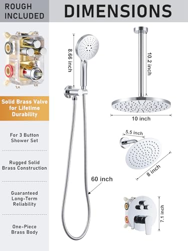 Woindo Shower Faucet Set 10" Rain Shower Head/8'' Side Shower Head and 3 Setting Handheld Ceiling Mount 3 Push Button Diverter Complete Rainfall Round Shower System Included Valve Trim Kit - color: Chrome Polished, style: 10"-R-Ceiling-02