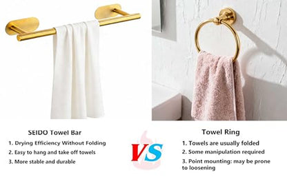 SEIDO Adhesive Towel Bar, 16 Inch Gold Towel Bar for Bathroom, Stainless Steel Towel Racks for Bathroom, No Drilling Needed, Brushed Gold