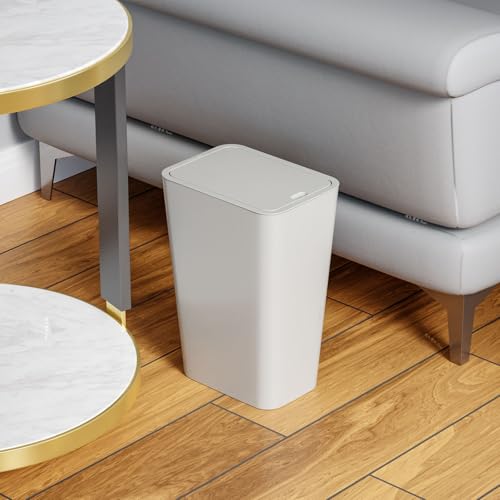 Yieach 12L Slim Bathroom Trash Can with Lid,3.17 Gallon Pet/Dog Proof Kitchen Trash Can,Rectangle Thin Garbage Can,Covered Waste Basket,Narrow Small Plastic Trashcan for Room,Bedroom,Office,Grey 3PCS - color: Gray, size: 12L - 3 PACK