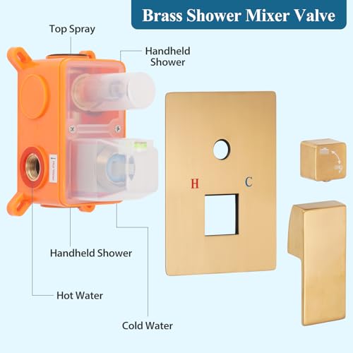 Brushed Gold Square Rainfall Shower Head Set with Handheld, 10" | Wall Mounted Bathroom Shower Faucet, 10 Inch Square Head, With Shower Valve, Rustproof Brushed Gold, High Pressure Raindrop - color: Brushed Gold, style: 2 Setting-10in