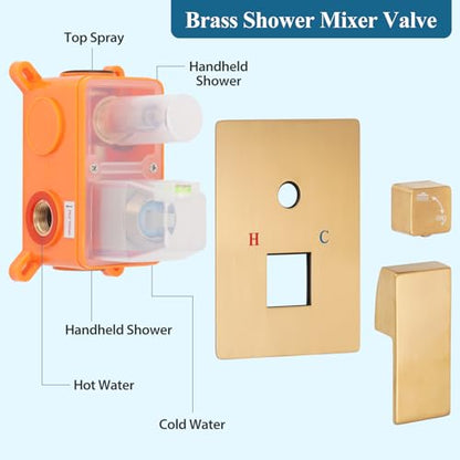Brushed Gold Square Rainfall Shower Head Set with Handheld, 10" | Wall Mounted Bathroom Shower Faucet, 10 Inch Square Head, With Shower Valve, Rustproof Brushed Gold, High Pressure Raindrop - color: Brushed Gold, style: 2 Setting-10in