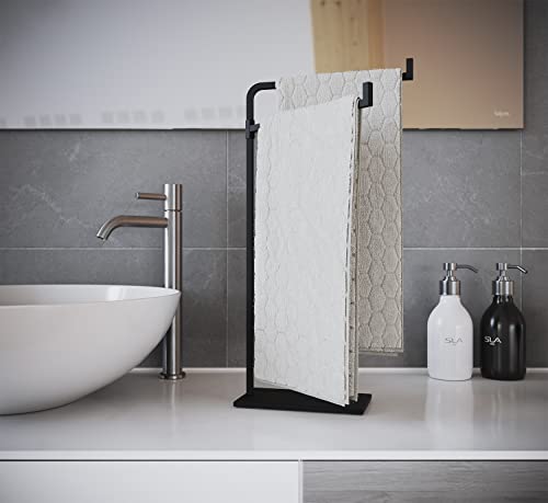 Hand Towel Holder for Bathroom Countertop, 17" Tall, Freestanding, Non-Slip | Holds 2 Full Size Hand Towels, Fingertip, Washcloth - Rotating Lower Arm - Rust Resistant - Sturdy Base with Anti-Slip Pads