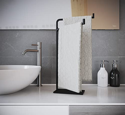 Hand Towel Holder for Bathroom Countertop, 17" Tall, Freestanding, Non-Slip | Holds 2 Full Size Hand Towels, Fingertip, Washcloth - Rotating Lower Arm - Rust Resistant - Sturdy Base with Anti-Slip Pads