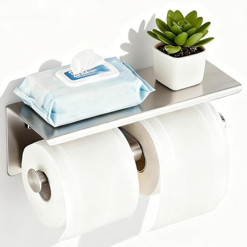Toilet Paper Holder, NEWRAIN Double Bathroom Toilet Paper Roll Holder with Shelf, Stainless Steel Wall Mounted RV Tissue Roll Holder, Brushed Nickel Commercial Farmhouse Toilet Paper Dispenser - color: Brushed Nickel, style: Double