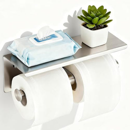 Toilet Paper Holder, NEWRAIN Double Bathroom Toilet Paper Roll Holder with Shelf, Stainless Steel Wall Mounted RV Tissue Roll Holder, Brushed Nickel Commercial Farmhouse Toilet Paper Dispenser - color: Brushed Nickel, style: Double