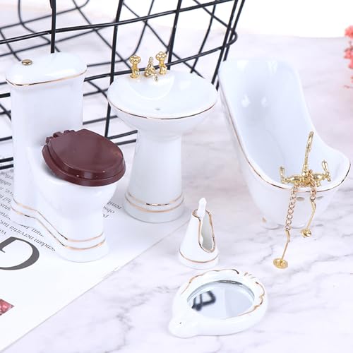 1:12 Dollhouse Miniature Porcelain Bathroom Set 5 PCS White Ceramic Toilet Basin Bathtub Mirror Miniature Furniture Doll Accessories for Bathroom Cake Topper Toy Fairy House Furniture Miniature Toys