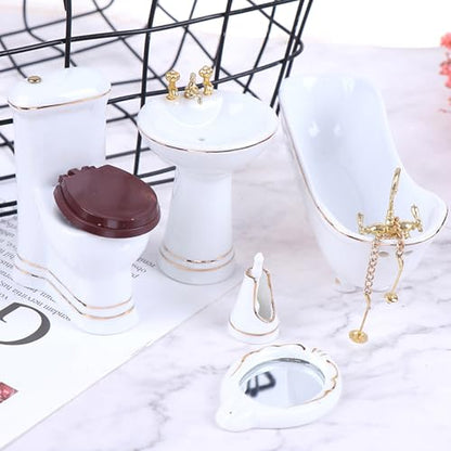 1:12 Dollhouse Miniature Porcelain Bathroom Set 5 PCS White Ceramic Toilet Basin Bathtub Mirror Miniature Furniture Doll Accessories for Bathroom Cake Topper Toy Fairy House Furniture Miniature Toys