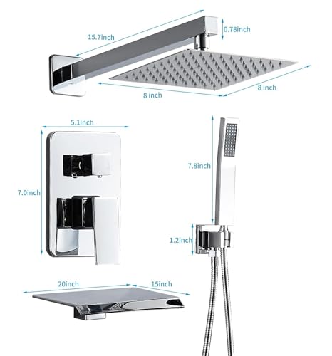 Chrome Shower Faucet Set with Tub Spout 8 Inch Rain Shower | Shower Head and Handle Set, Tub and Shower Faucet Combo Handheld Shower System Square Wall Mount for Bathroom - color: Chrome, style: 8 Inch