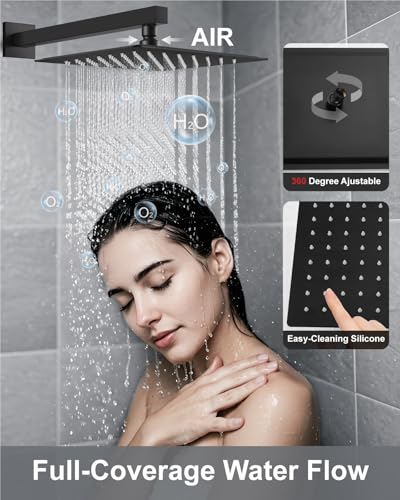 Aolemi Shower System with Rain Head and Handheld,12-Inch,Matte Black | High-Pressure Shower Faucet Set with Dual-Function Handheld,Rough-In Valve,1.8 GPM,Wall-Mount Trim Kit - color: Matte Black, size: 12 Inch