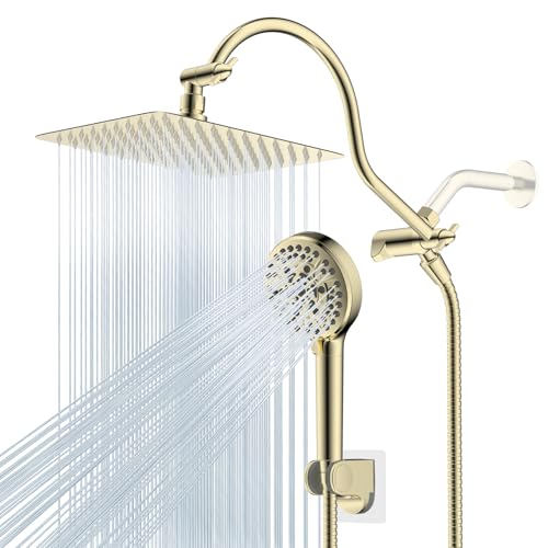 Hibbent All Metal CUPC Certified Shower Head, 10'' High Pressure Rainfall Shower Head, Handheld Showerhead Combo, 12'' Adjustable Extension Arm, 10 Sprays, 71'' Hose, Shower Holder, Polished Brass - color: Polished Brass, style: Square 10''